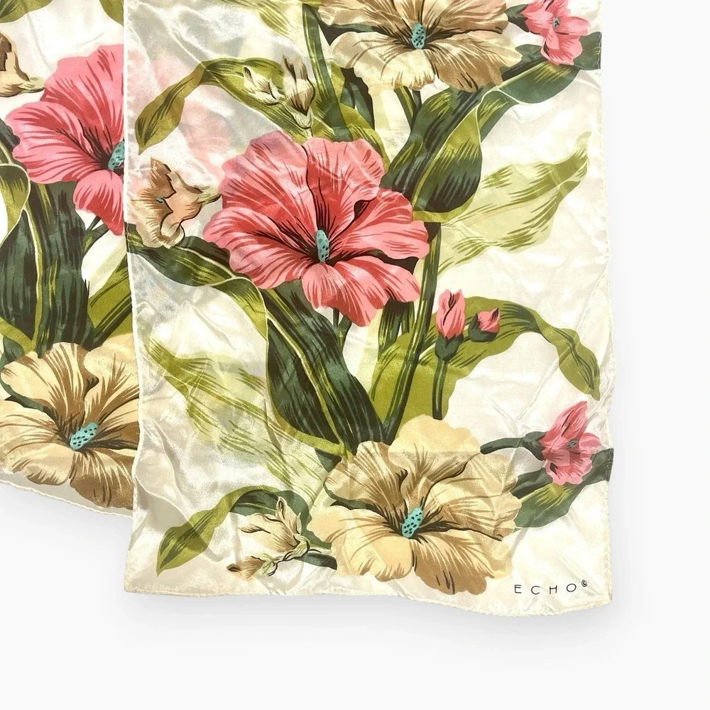 Vintage Echo Hibiscus Silk Scarf Floral Cream Pink Rectangle Oblong 58
